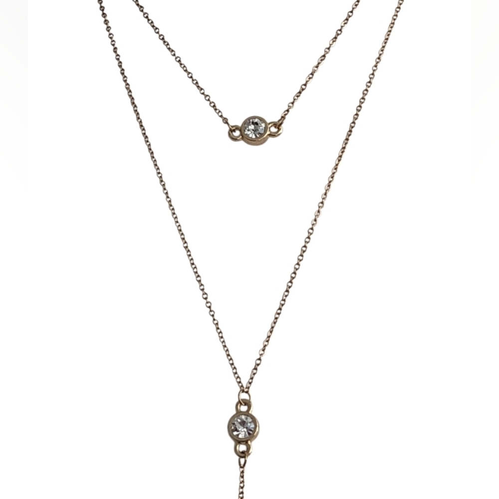 Gold Tone Two Strand Lariat Necklace with Rhinestones